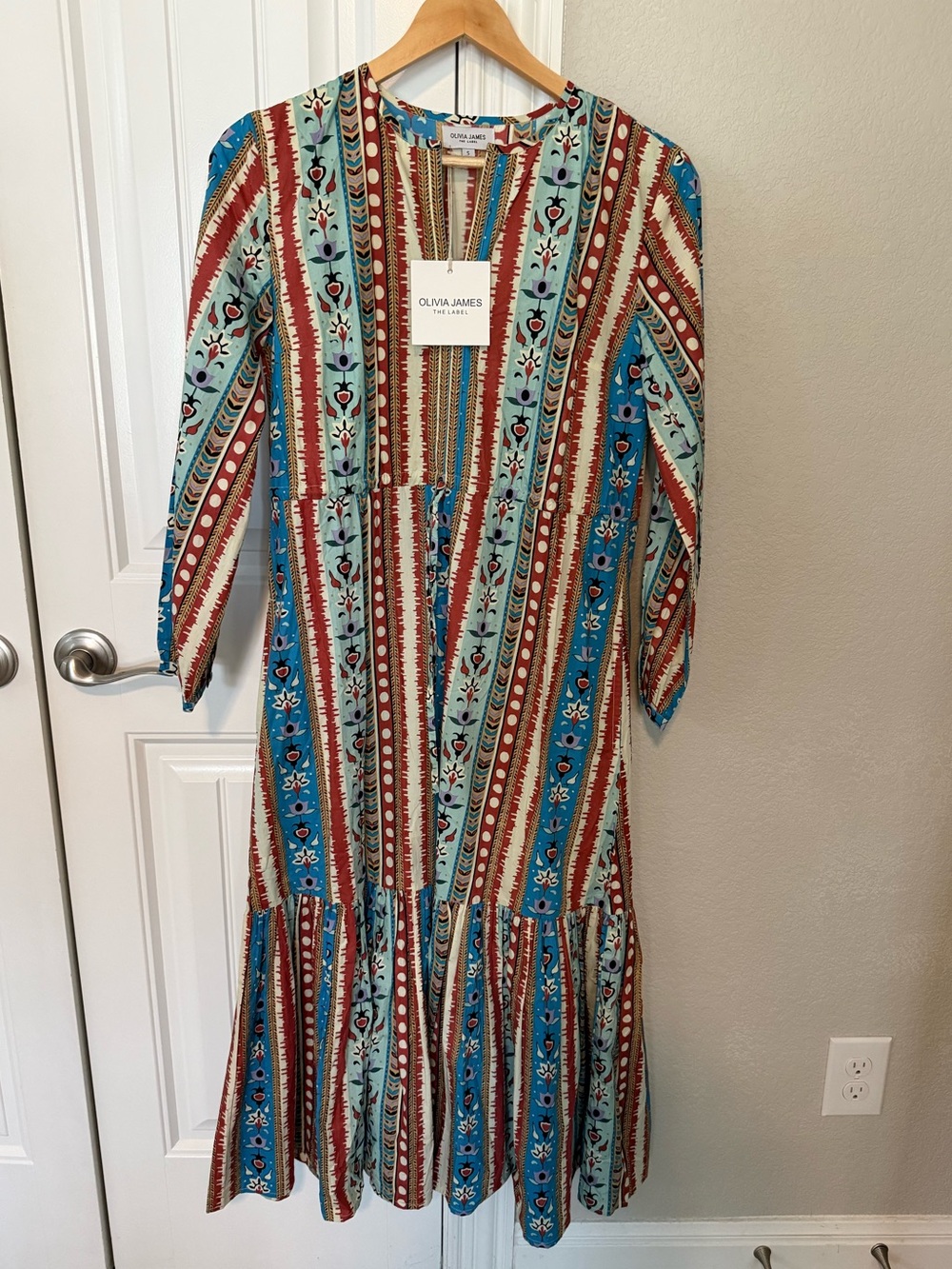 Olivia James Striped Floral Long Sleeve Midi Dress in Turquoise & Rust